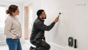 Tradesperson inspecting a wall for damage using a hammer while a homeowner watches, with a moisture meter and tools nearby.