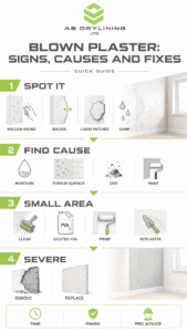 Infographic titled “Blown Plaster: Signs, Causes and Fixes” showing step-by-step guidance to identify damage, find causes, and repair or replace affected wall areas.